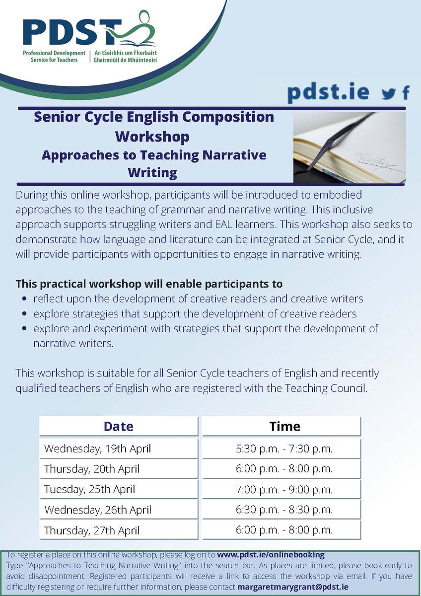 Our Composition workshops will explore the effective development of narrative writers at Senior Cycle. Dates are available from April 19th to April 27th. All workshops will take place online. Please find more information below. Please register here - bit.ly/SCenglishnw