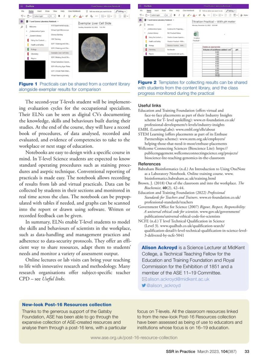 DrJoScience's tweet image. Great to see my @babraham_bioinf @BabrahamInst training course on using #OneNote as a Laboratory Notebook referenced in this article in @theASE SSR in practice, bringing industry practice into the college laboratory, by @alison_ackroyd 
Linking my worlds!
linkedin.com/posts/alison-j…