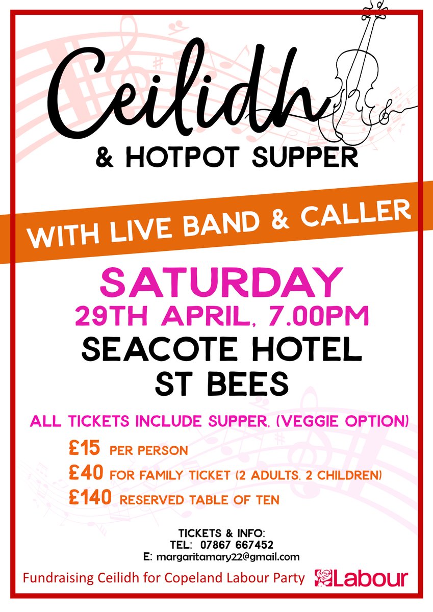 There's still time to buy tickets for the Copeland CLP ceilidh at the Seacote Hotel, St Bees, at 7.00pm on Saturday 29th April!  Live band, caller, hotpot supper, &amp; raffle.
Just email margaritamary22@gmail.com
<a href="/LabourCopeland/">Labour Copeland</a> <a href="/CumberlandLG/">Cumberland Labour</a> @WorkingtonCLP