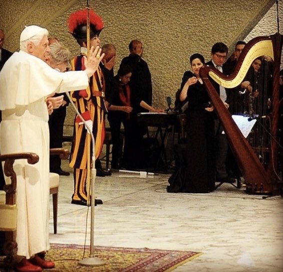 HarpTango's tweet photo. A special memory from #EasterMonday …being blessed by Pope Benedict XVI. May he Rest In Peace. 
#EasterOctave #popebenedictxvi #harp #concert https://t.co/0PUqtw4dIz