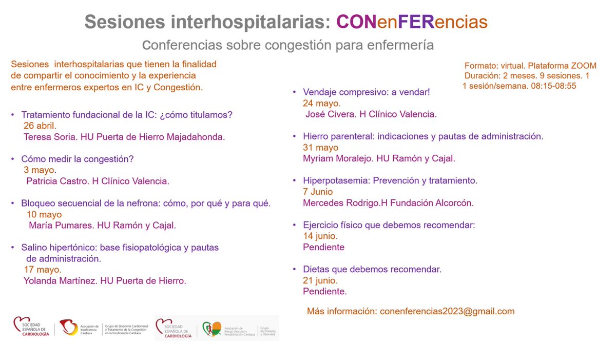 MartaCoboMarcos's tweet photo. Sesiones interhospitalarias para debatir y compartir experiencias. Enfermeros expertos en IC 
Comenzamos el 26 de abril.
Información sobre inscripción : conenferencias2023@gmail.com
@CardioRenalSEC @almucastro01 @domingomarzal @yulnunezvill @rc_merche  @paullaceriborra https://t.co/QydDqJFrDc