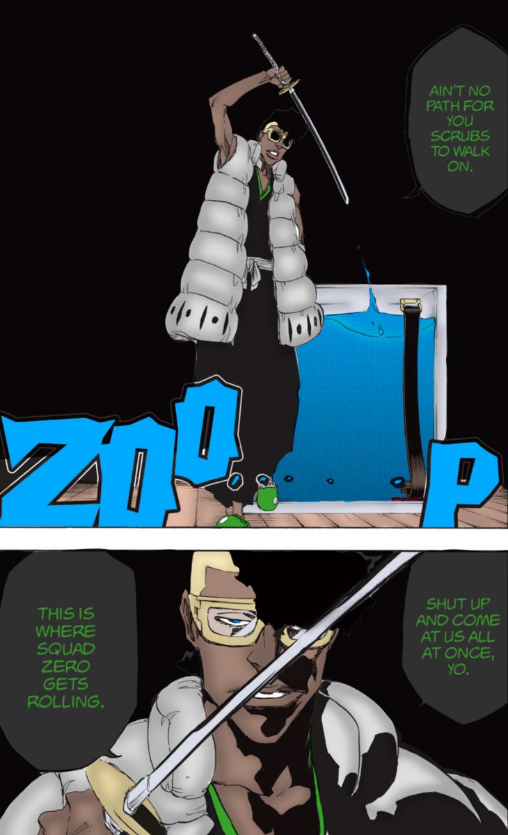 KingJackKiller2's tweet photo. “Shut up and come at us all at once, yo. This is where Squad Zero gets rolling.”

Bleach, Chapter 600

#mycoloring #mangacoloring #BLEACH #BLEACHTYBW #Ouetsu https://t.co/Wug4s1Nay8