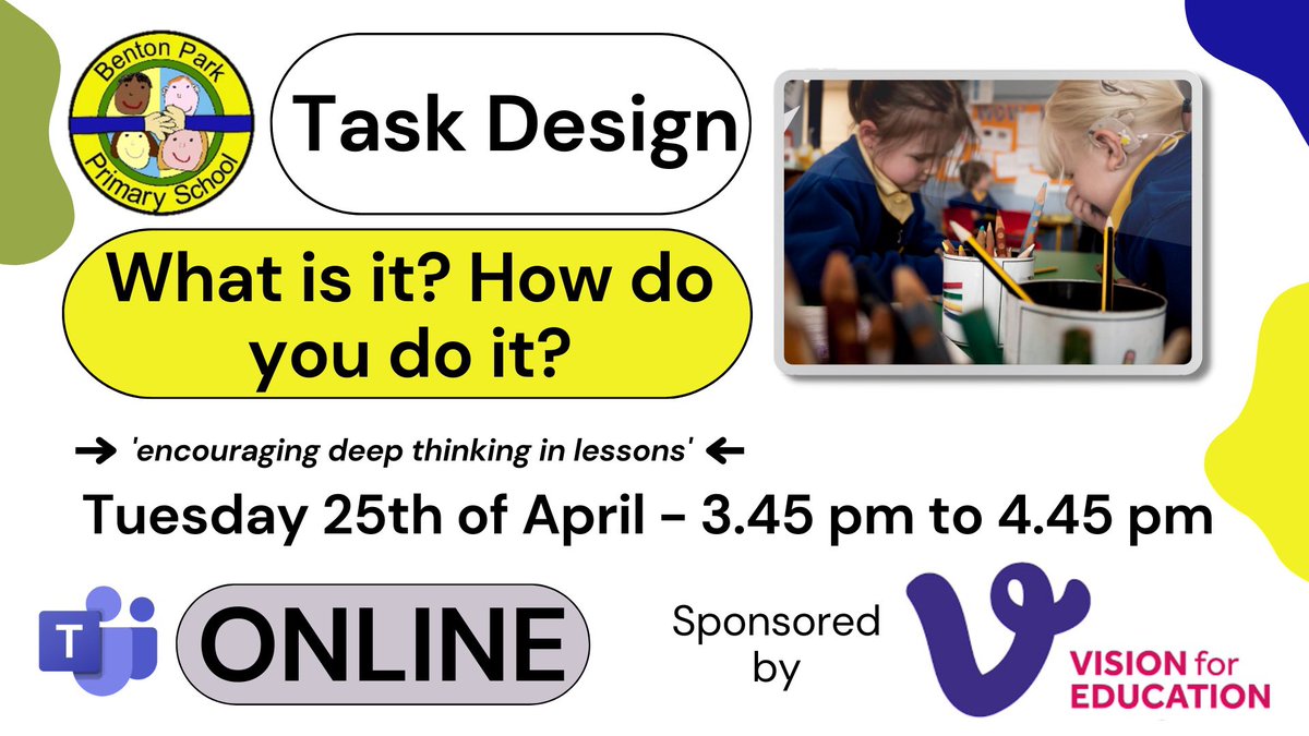 📣 #edutwitter 📣 join me for a short session online on #TaskDesign 📍Online - TEAMs 🗓️Tues 25 April 🕒3:45pm to 4:45pm The importance of task design, why I design tasks the way I do & share some I’ve found successful! Book here👇 bit.ly/3npcohj