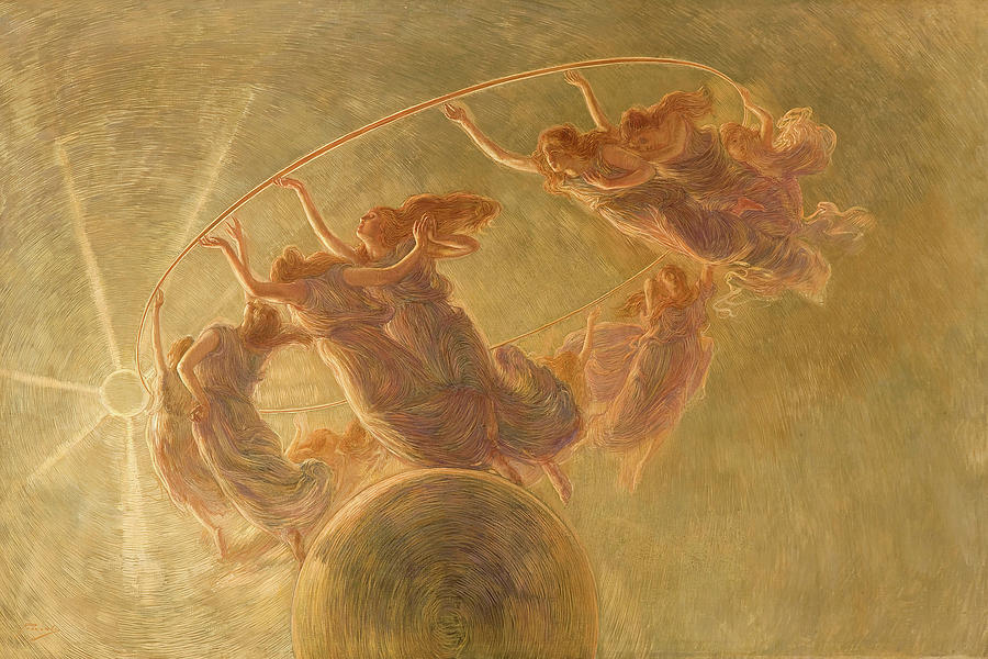 Saatleri temsil eden 12 kadın figürü güneş ışığıyla, dünya üzerinde ardışık bir sırayla  daire etrafında dans ediyorlar. Saatlerin Dansı - Ressam Gaetano Previati 1899 tarihli