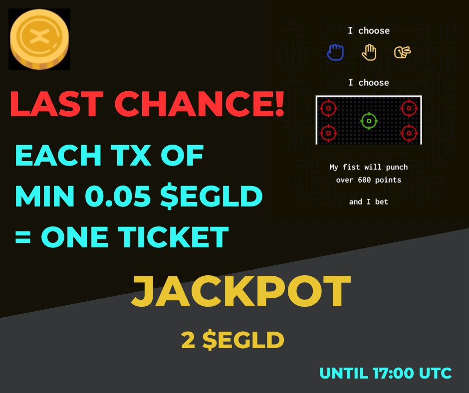 FlipversX's tweet photo. LAST CHANCE ALERT!  Our epic Jackpot event is coming to an end!  

Don't miss your shot at the GRAND PRIZE of 2 $EGLD at https://t.co/jG0cWOjbgX ! 🚀

Get your plays in before 17:00 UTC TODAY for a chance to win BIG!  

Let the games begin! https://t.co/yUMDfxQtOK