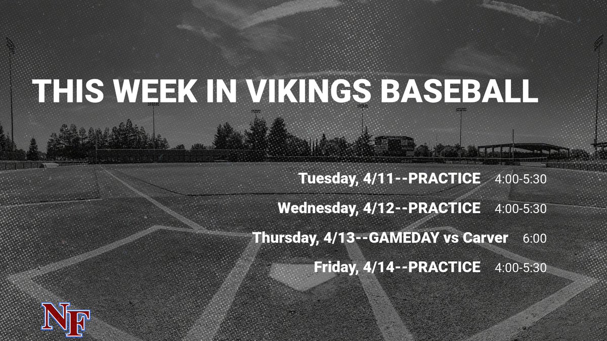 NoFo_Baseball's tweet photo. Vikings Baseball is back on the field this week. Gameday is Thursday, 4/13 at home vs. Carver. Come out and support Vikings Baseball. https://t.co/MYdywH10wt