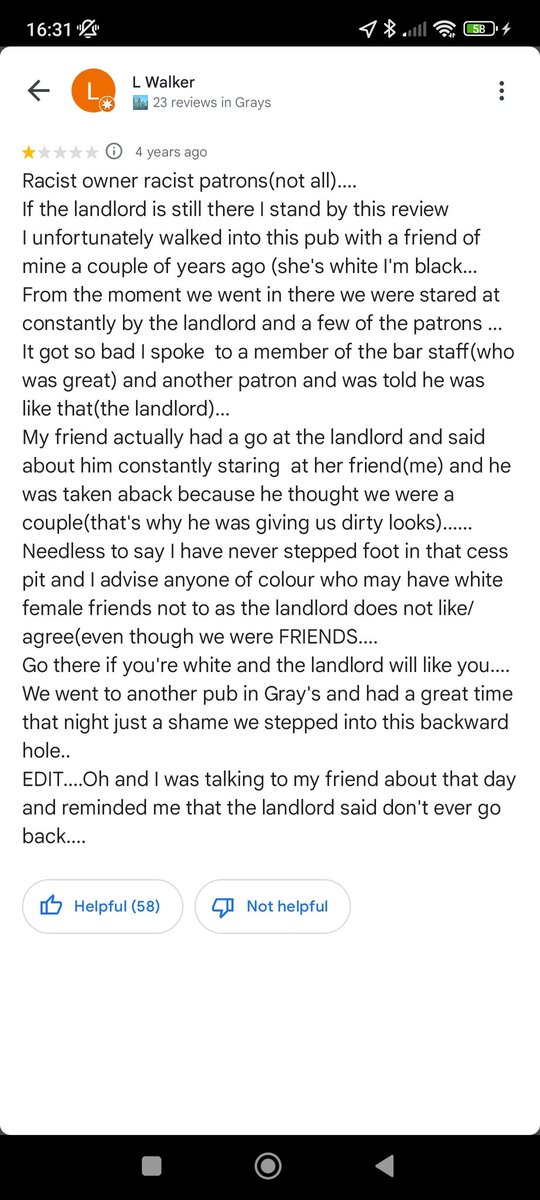 So I was scrolling through the reviews for The White Hart Inn in Grays, Essex (the Golliwog pub) and found this one from 4 years ago. These people live in another century...