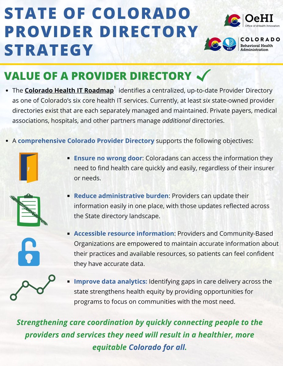 OeHI_Colorado's tweet photo. Connecting people to the health providers they need will result in a healthier, more equitable #ColoradoForAll.
Check out our new one-pager below that explains what OeHI & @BHAConnect are doing to build a centralized Provider Directory in CO.
https://t.co/ZsRuPCaH47 https://t.co/K6d6rfe86i
