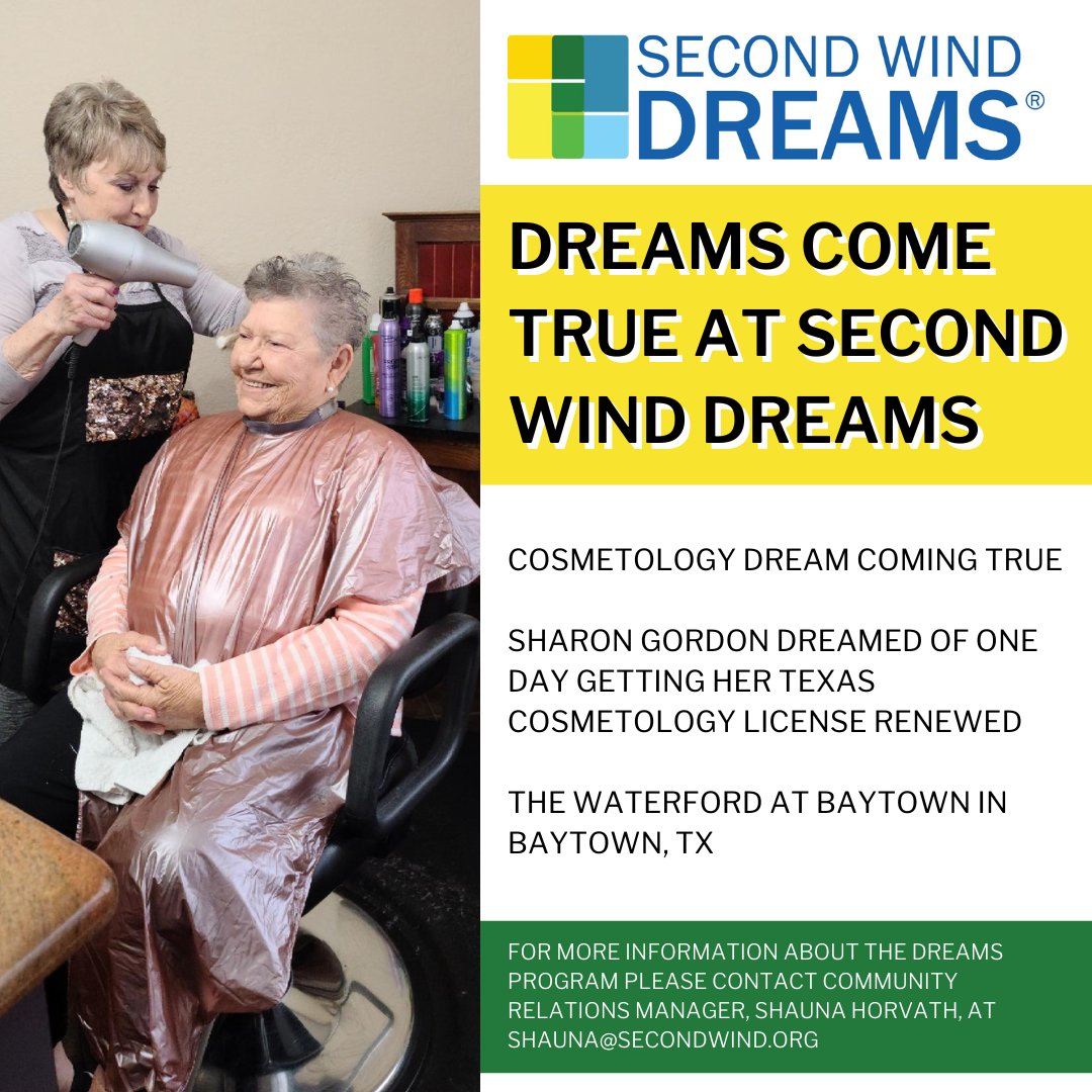 The Waterford at Baytown in Baytown, TX
Sharon Gordon dreamed of one day getting her Texas Cosmetology License renewed. After The Waterford at Baytown staff helped Sharon get a renewed license, her friend Hazel wanted to be the first to get a wash, cut and style by Sharon.