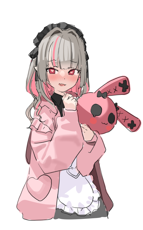 makaino ririmu 1girl solo pink jacket stuffed toy blush stuffed animal stuffed bunny  illustration images