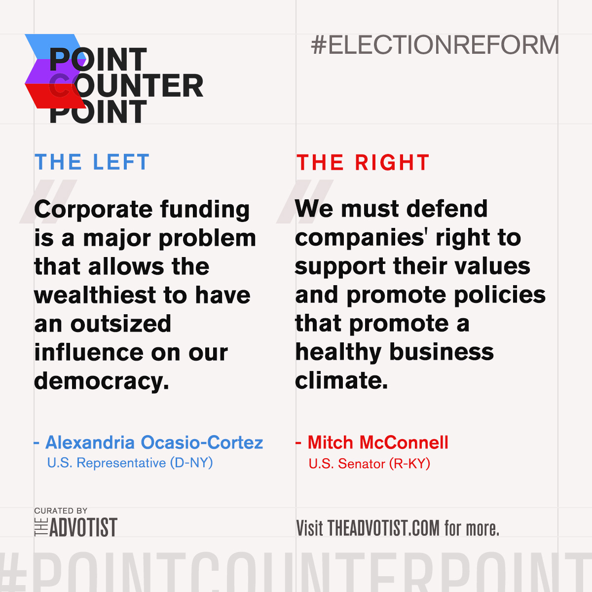 theadvotist's tweet photo. Views on election reform: AOC sees corporate funding as a major problem, while Mitch McConnell believes campaign finance laws limit free speech. What do you think? Visit https://t.co/7iE45k5TUV for more #ElectionReform #CorporateFunding #FreeSpeech https://t.co/7CQXMF0tzy