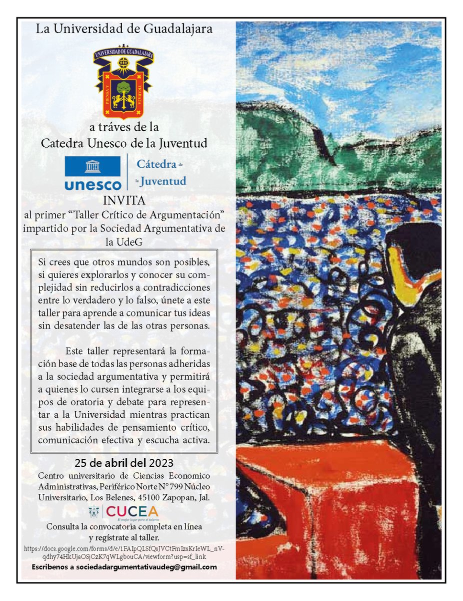 El AMECIP Jalisco, les invita a formar parte de esta experiencia universitaria. Después de registrarte, asiste el 25 de abril a las instalaciones del CUCEA.
 Registro: docs.google.com/.../1FAIpQLSfQ…...
Contacto: 3323556271
Correo: sociedadargumentativaudeg@gmail.com