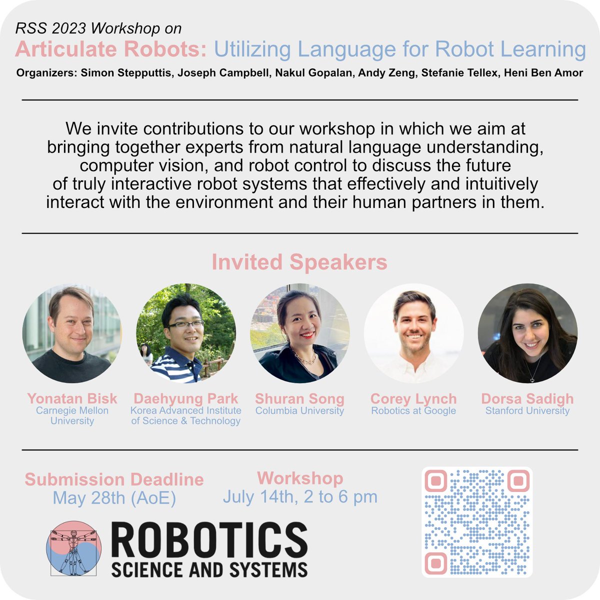 SimonStepputtis's tweet image. I am happy to announce our #RSS2023 workshop on "Articulate Robots: Utilizing Language for Robot Learning" to be held as a half-day workshop on July 14th in Daegu, Republic of Korea alongside the @RoboticsSciSys conference.
Website and Call: sites.google.com/andrew.cmu.edu…