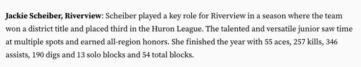 Jackie Scheiber (@scheiber_jackie) on Twitter photo Thank you <a href="/NewsHeraldMI/">The News-Herald</a> for this huge honor!!
<a href="/vbriverview/">RIVERVIEW VOLLEYBALL</a> <a href="/RecruitMiElite/">MiElite Volleyball Recruiting</a> <a href="/MIEliteVB/">Michigan Elite Volleyball</a> Thank you <a href="/NewsHeraldMI/">The News-Herald</a> for this huge honor!!
<a href="/vbriverview/">RIVERVIEW VOLLEYBALL</a> <a href="/RecruitMiElite/">MiElite Volleyball Recruiting</a> <a href="/MIEliteVB/">Michigan Elite Volleyball</a>