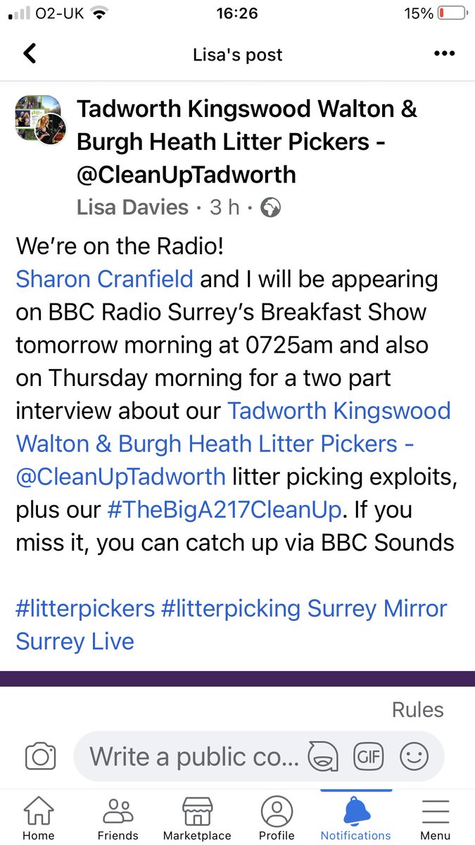 The media we do to spread awareness on #litterpicking is so important in the fight against littering,which blights the UK Tune in to @BBCSurrey on Tue & Thur at 7.25am to hear our 2 part interview with Sharon & Lisa @KeepBritainTidy @twra @surreymirror m.facebook.com/groups/2701052…