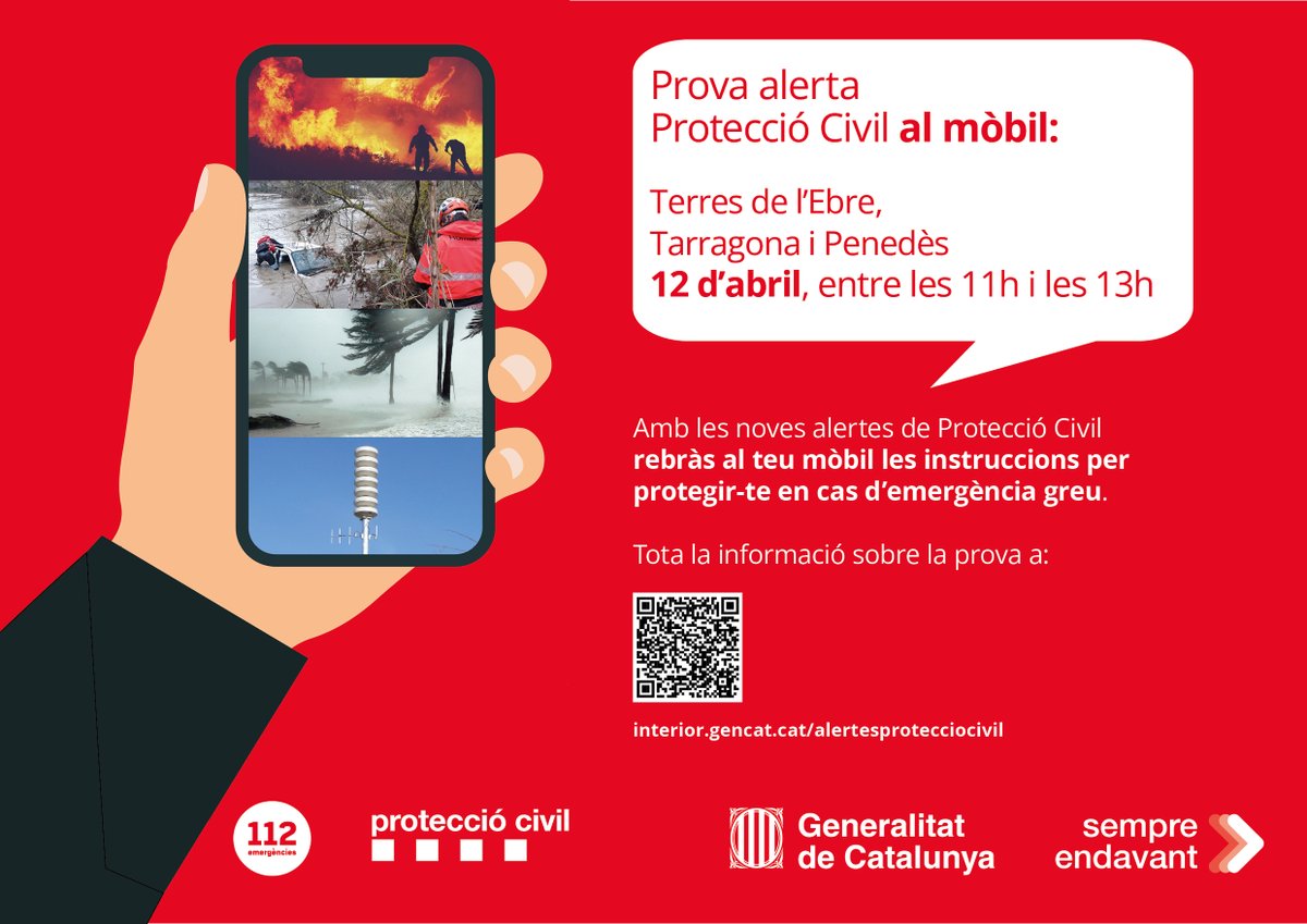 📢📢 Demà dimecres, 12 d'abril, fem la segona prova del sistema d'#alertesmòbils de #Protecciocivil

📌 On?

✅ Terres de l'Ebre
✅ Tarragona
✅ Penedès

🕚 A partir de les 11 hores

govern.cat/salapremsa/not…