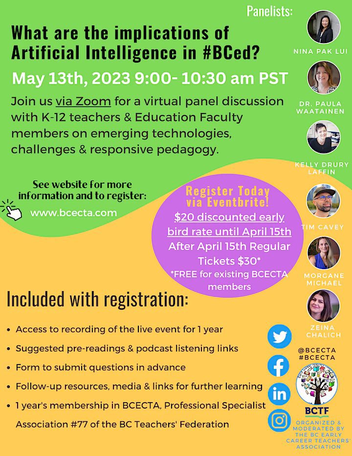 Tickets are on sale for our Virtual Panel about the Implications of Artificial Intelligence in Education featuring <a href="/sosopolitical/">Paula Waatainen</a> <a href="/MisterCavey/">Tim Cavey</a> <a href="/MorganeMichael/">Morgane Michael</a> 

✅proceeds to go support sustaining <a href="/BCECTA/">EarlyCareer Teachers</a> as an association for new teacher supports in BC. 

eventbrite.ca/e/what-are-the…