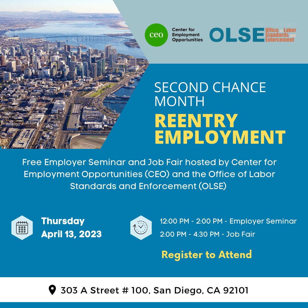 ceoworks's tweet photo. Join us on April 13th in San Diego for a #SecondChance employment seminar and job fair hosted by #CEOSanDiego and the Office of Labor Standards and Enforcement (OLSE). RSVP at https://t.co/fJtXfPx4XQ #ReturningStrong #SecondChanceMonth https://t.co/SNen9yXV3U