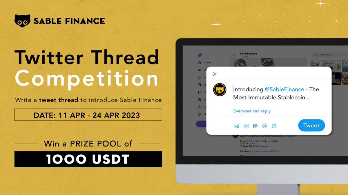 SableFinance's tweet photo. Thread About Sable🧵
Tell us in your words about @Sable_Finance! Write a Twitter thread and submit your entry on #QuestN @QuestN_com.
📆 Apr 11-24
💰 10 winners to share 1K $USDT
🌎 https://t.co/h6QazSDCJS
🏷️ Include #SableTwitterThread #ImmutableStablecoin in your tweet https://t.co/8F9lba8FXF