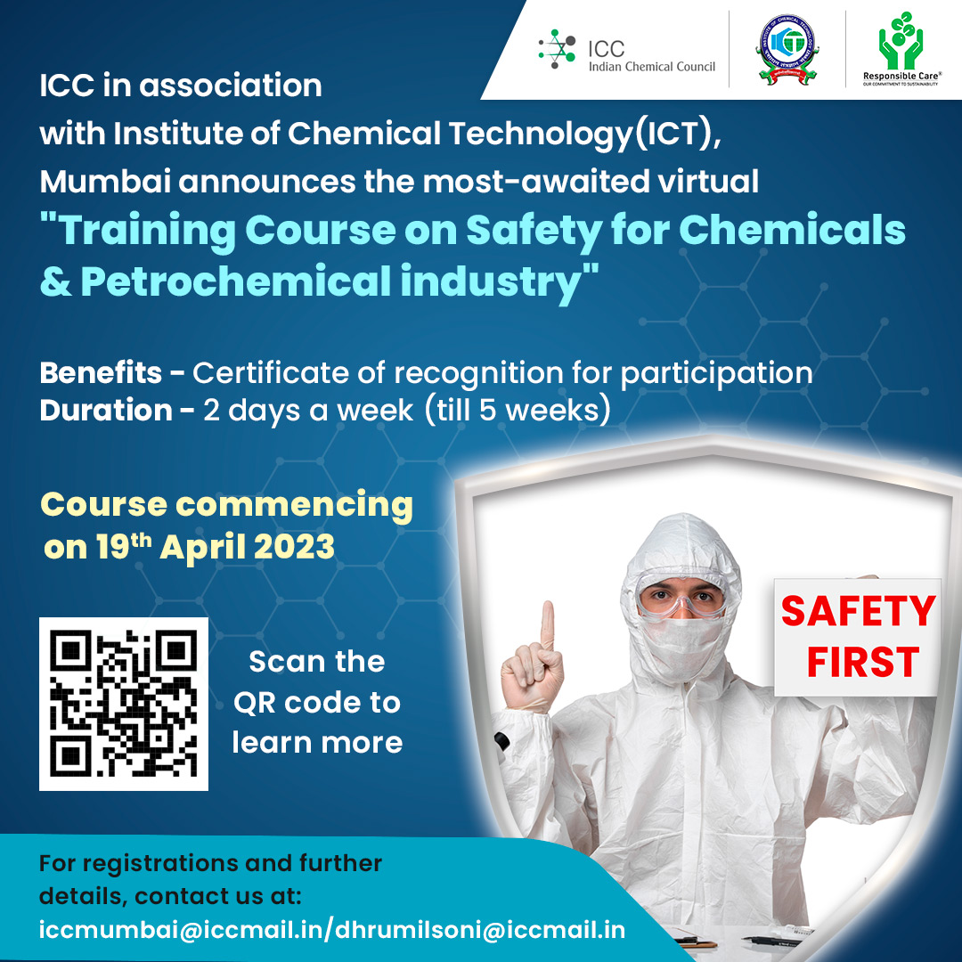 Announcing the most-awaited “Training Course on Safety for Chemicals and Petrochemical Industry” in association with the Institute of Chemical Technology (ICT) Mumbai. 
Don’t miss out on this highly useful course and register now!
#course #indianchemicalcouncil #chemicalsafety