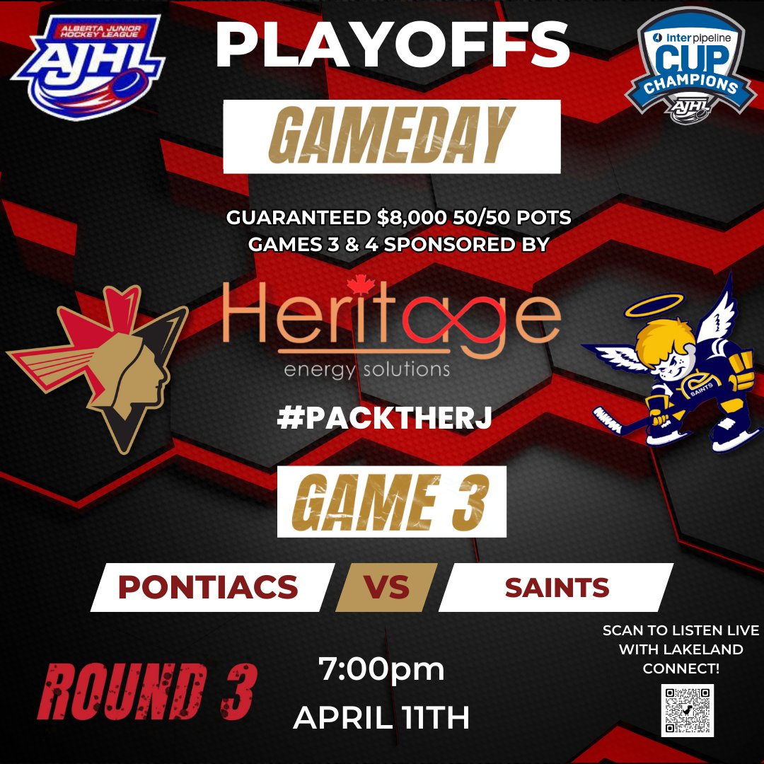 BPontiacs's tweet photo. Gameday! The Pontiacs get their first taste of home ice in the North Final against the @sgsaints at 7:00pm tonight! 

Buy your tickets online at https://t.co/IJLXIiIwRT and secure your seat!

Listen Live with Lakeland Connect and let's #packtherj! #AJHL #GoYaks https://t.co/K9bw1doG4b