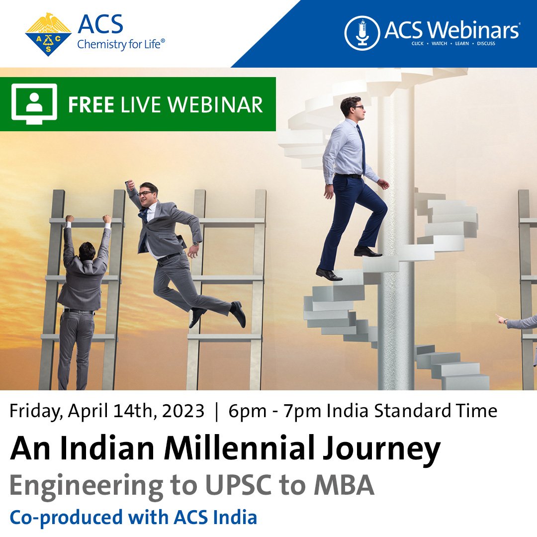 The future of employment is in non-linear career paths. But how to go about it?
A FREE #ACSWebinar with @venkateshchatur on chasing your life goals and mapping your career. 

Register now for FREE!
📅April 14, 2023
shorturl.at/CQRZ9

#ACSinIndia #UPSC #MBA @AmerChemSociety