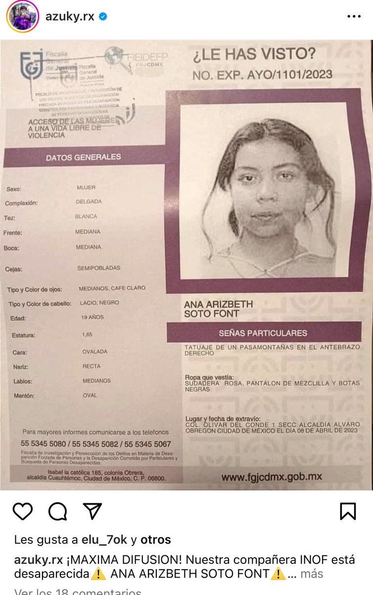 MerGarza's tweet photo. ⚠️ Ana Arizbeth Soto Font esta desaparecida desde el 08 de Abril, se le vio por última vez en la colonia Olivar del conde 1 sección Alcaldía Álvaro Obregón. Vestía pantalón de mezclilla, sudadera rosa y botas negras. Tiene un tatuaje de un pasamontañas en el antebrazo derecho. https://t.co/nYzSlBLmGb