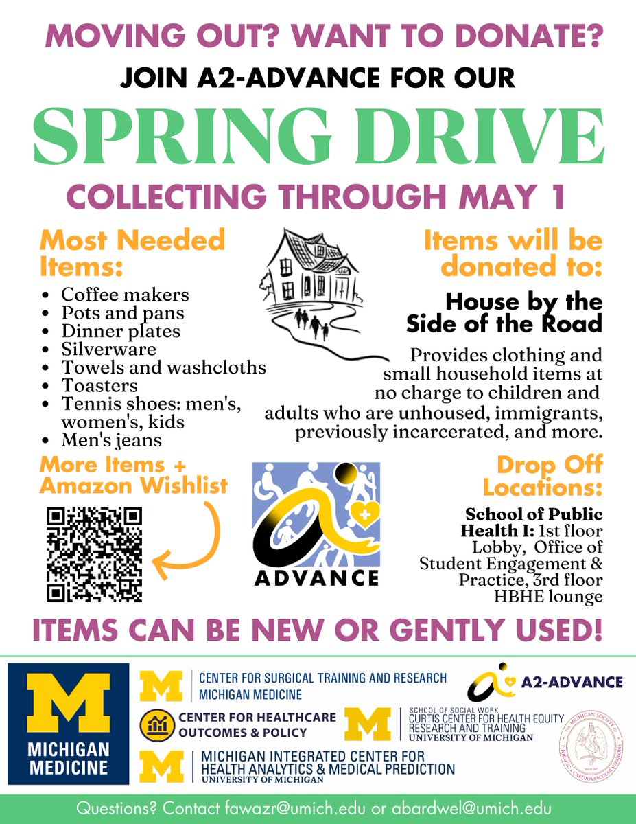 We're excited to participate with Dr. Likosky’s team to help support those in need in Washtenaw County. We hope you'll consider contributing to this worthy cause! All items will be donated to the House by the Side of the Road.