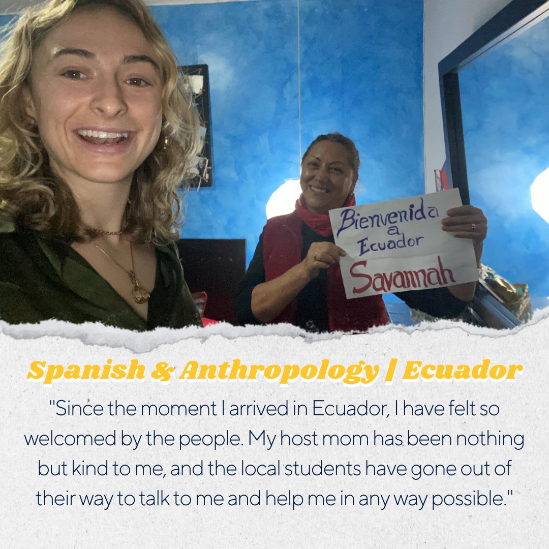 ETSUstudyabroad's tweet photo. Today's Student Spotlight is Savannah Hirst! Savannah is majoring in Spanish &amp; Art and is currently studying abroad in Ecuador. She loves the welcoming people, including her host mom, and the beautiful tropical campus of Universidad San Francisco de Quito! #etsustudyabroad https://t.co/mLlD8aQgJc