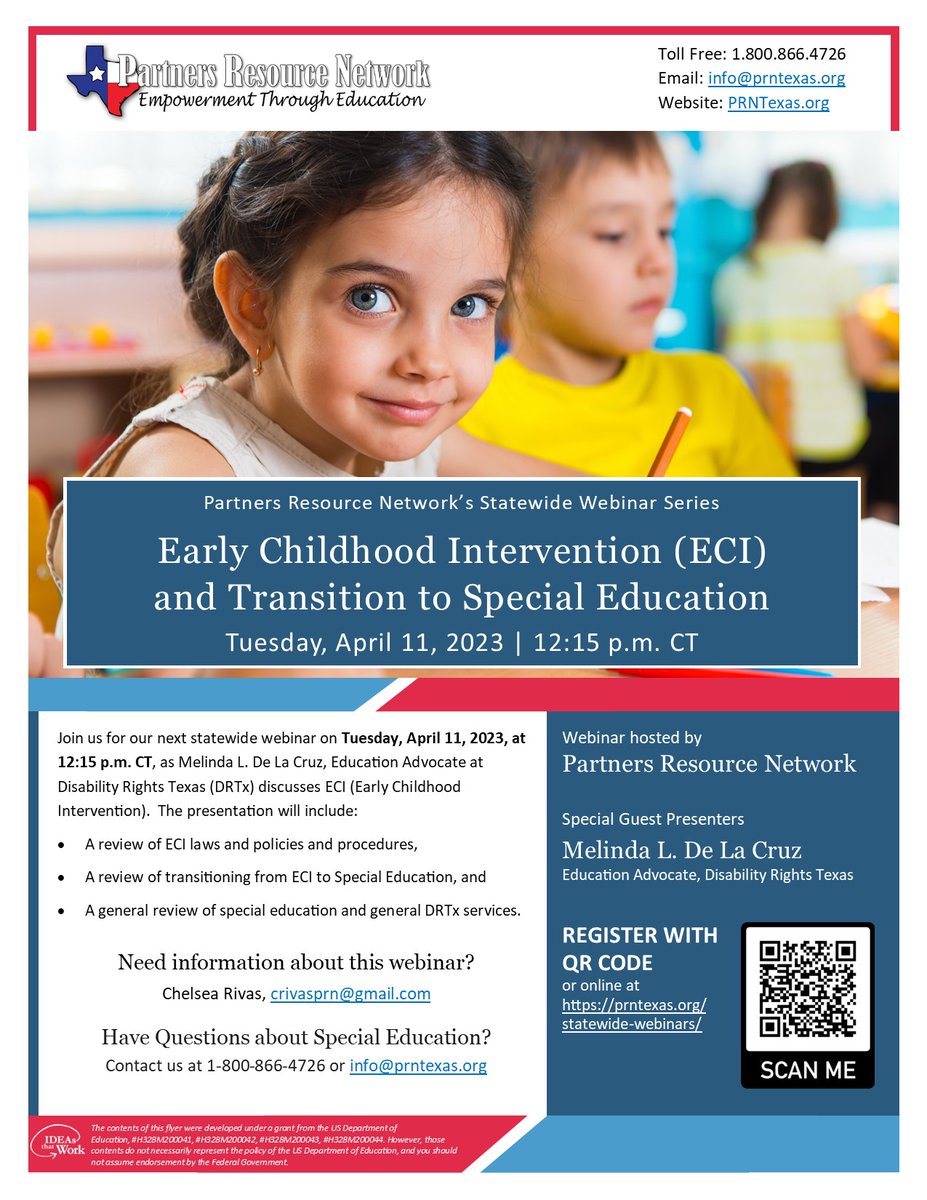 PRNTexas's tweet image. There&apos;s still time to register and join us for Early Childhood Intervention (ECI) and Transition to Special Education webinar TODAY at 12:15 p.m. CT. @DisRightsTX
