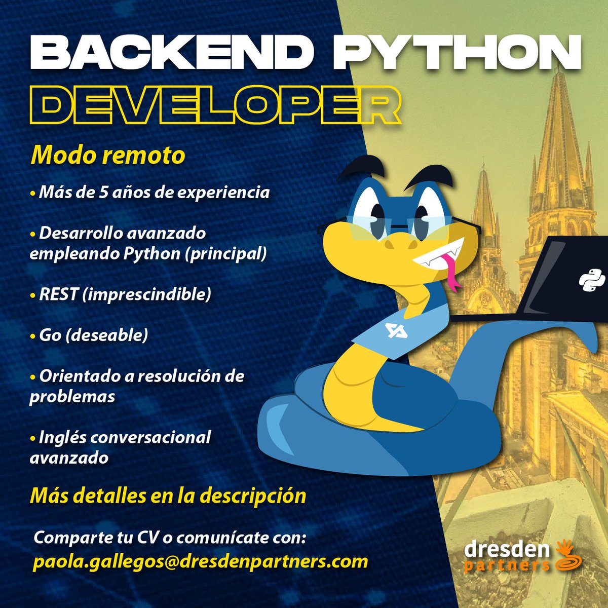 DresdenPartners's tweet photo. ✅Contamos con una vacante para Backend Python Developer, en modo remoto: https://t.co/opvNJ9JTHn

✅Envía tu CV y consulta más detalles con Paola Gallegos: https://t.co/dM1bJR6Xf8

#EmpleosTI #ITJobs #BolsasDeTrabajo #DresdenPartners #Mexico #Vacantes #VacantesTI #nuevotrabajo https://t.co/klSdDh5hIG