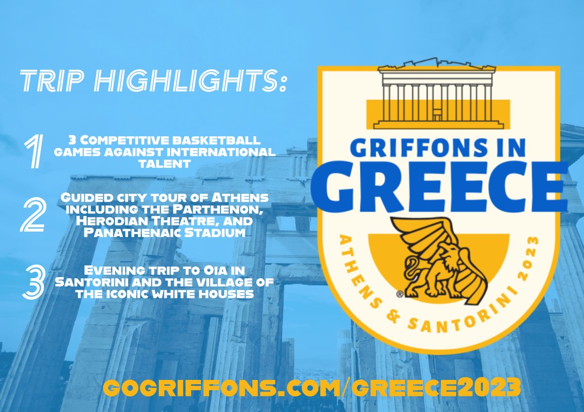 ICYMI: The Griffons are headed to Greece! 🇬🇷 

It's the opportunity of a lifetime &amp; we can't do it without your help! 🏀 

To donate, visit gogriffons.com/greece2023

#GriffsinGreece🦁🦅 | #StayGold🔔