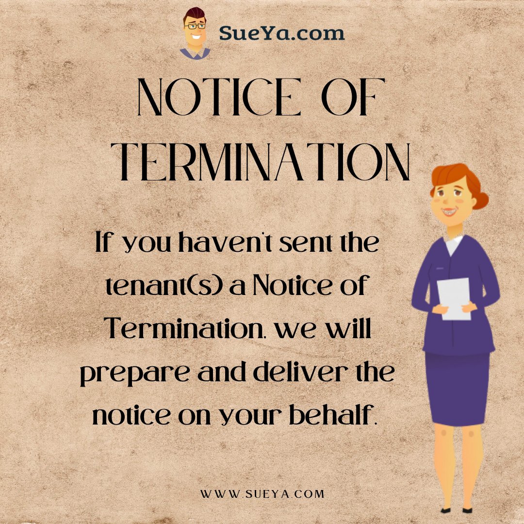 If you haven’t sent the tenant(s) a Notice of Termination, we will prepare and deliver the notice on your behalf. 
.
.
#SueYa #lawsuit #lawyer #law #attorney #lawyers #tenant #evict #eviction #judgment #landlords #California #JudgmentEnforcement