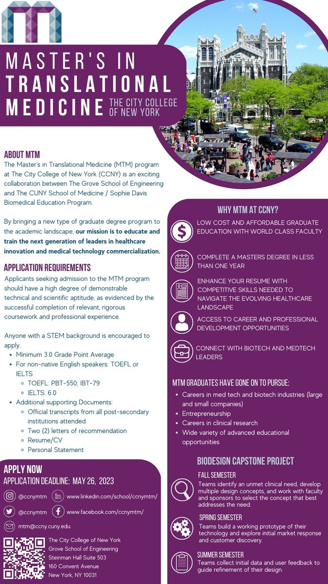 Are are interested in creating innovative solutions for the future #healthcare? Apply for the City College’s Master's in Translational Medicine (MTM). Application Deadline has been extended to Friday, May 26, 2023. #innovation #medicaltechnology #translationalmedicine