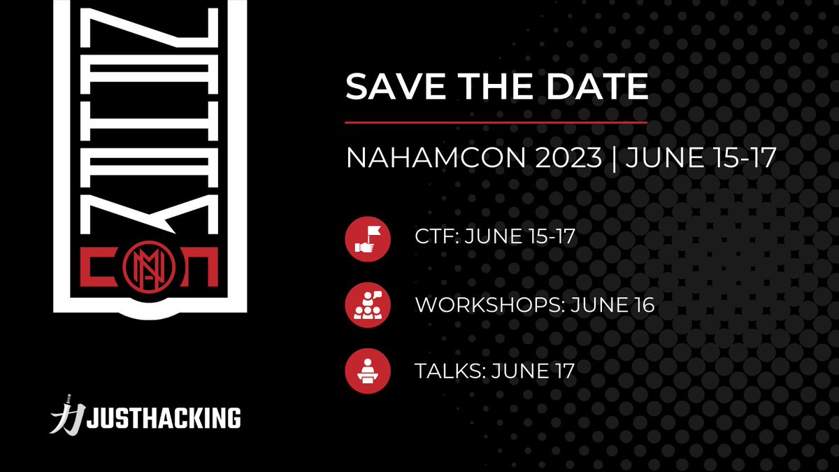 #NahamCon2023 | June 15-17: 🗣️ Opening Keynote by @emgeekboy and @codecancare 🚩 CTF by @_JohnHammond/@JustHackingCo 🎙️ Hosted by @ippsec and @Alh4zr3d 👨‍💻 Workshops by @Jhaddix, @Agarri_FR, @0xTib3rius 🎙️ Talk by some of your favorite hackers ... oh and CFP is open!