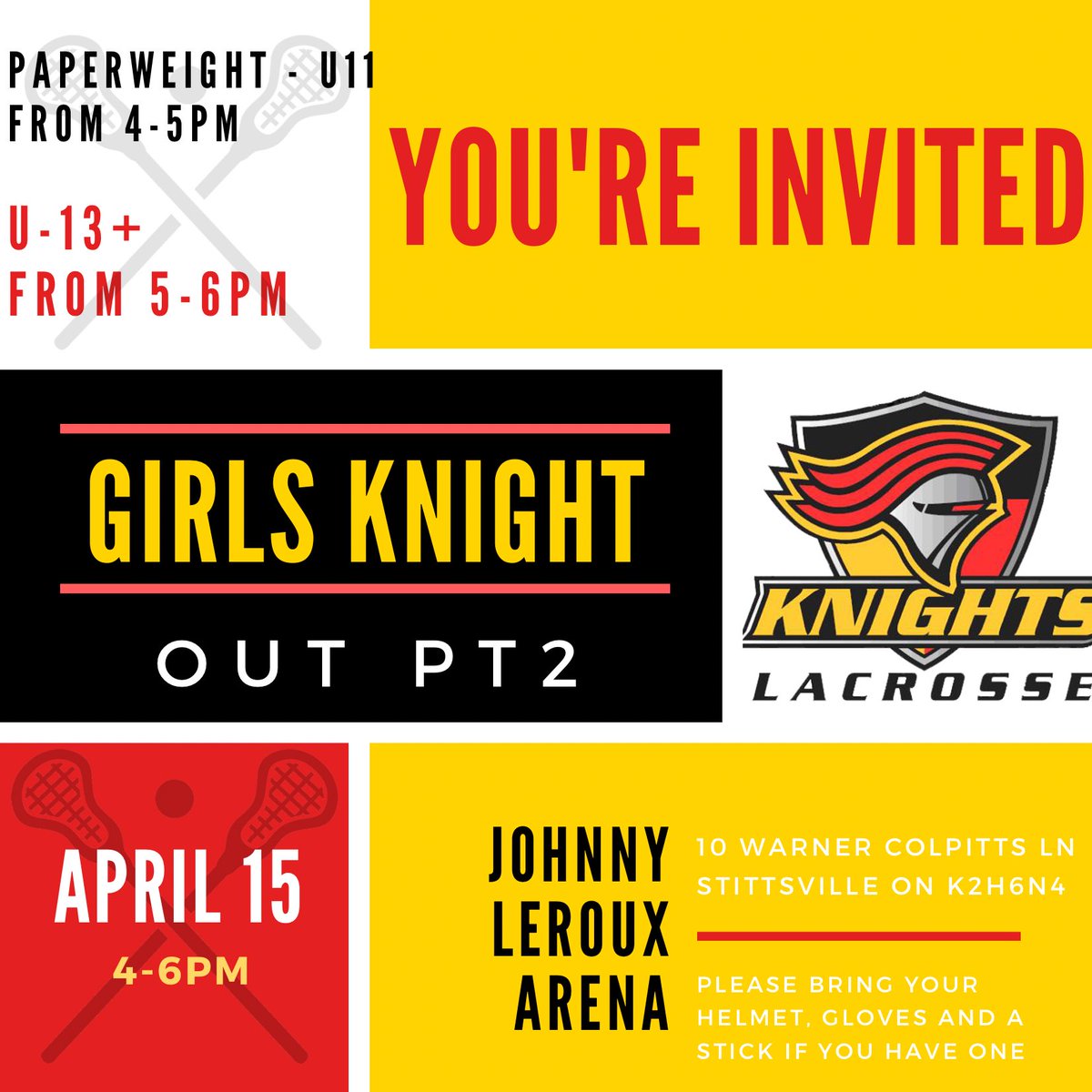 WE ARE DOING IT AGAIN‼️

Back by popular demand- for all players new and returning 🥍

Girls Knight Out Part 2
🗓️ Saturday April 15, 2023
⏰ 4-5pm Paperweight- U11
⏰ 5-6pm U13+
📍Johnny Leroux Arena - Stittsville
