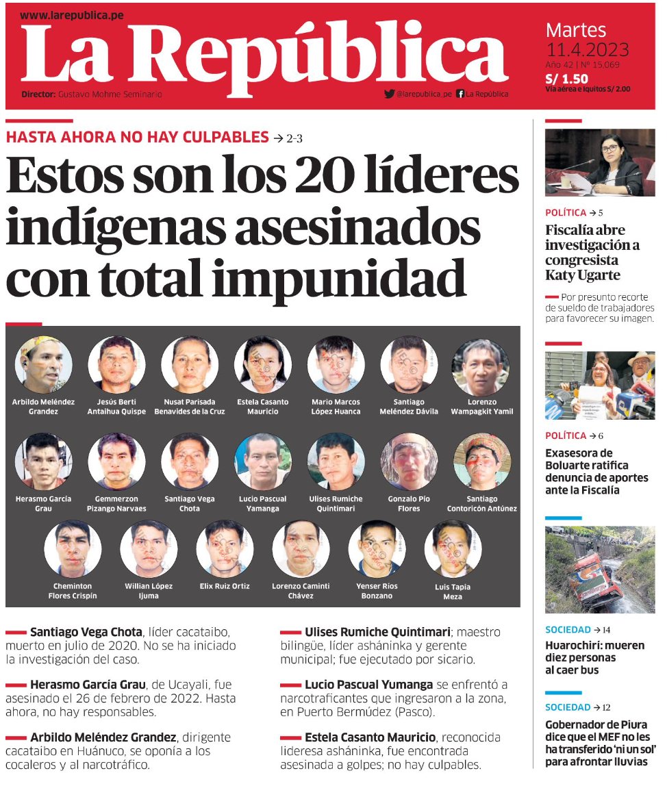 "Crímenes de líderes indígenas sepultados por la impunidad"
Mientras tanto:
 1) <a href="/MininterPeru/">Ministerio del Interior 🇵🇪</a>  no aprueba Lineamientos de Actuación de protección de personas defensoras de DDHH  
busquedas.elperuano.pe/normaslegales/…
2) <a href="/congresoperu/">Congreso del Perú 🇵🇪</a>  archiva Acuerdo de Escazú
Ver 
larepublica.pe/politica/actua…