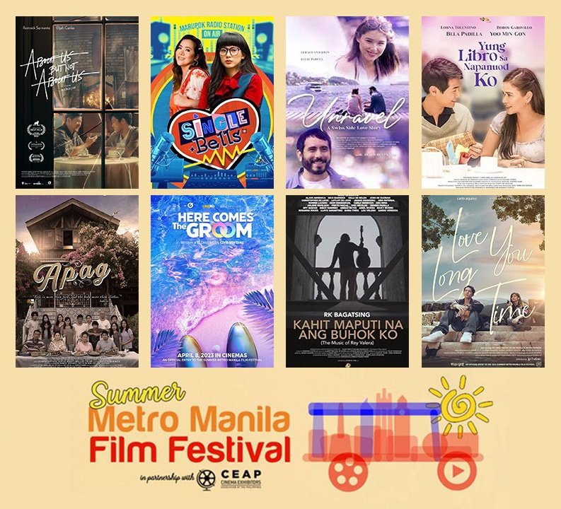 Unofficial and estimated box office standing of #SummerMMFF2023 films: (11/23)

1. Here Comes The Groom
2. Yung Libro Sa Napanood Ko
3. About Us But Not About Us
4. Apag
5. Love You Long Time
6. Single Bells
7. Unravel
8. Kahit Maputi Na Ang Buhok Ko

#SummerMMFF #SummerMMFF2023