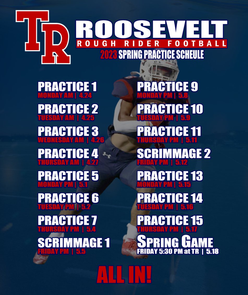 TRRoughRiderFB's tweet image. 2023 SPRING SCHEDULE- We are just a few weeks away from putting on the pads! Looking forward to college coaches and our @WeAreTRHS family dropping by for practice! Don't forget to mark your calendars and join us for our annual Blue vs. White Spring Game on May 18th at TR!