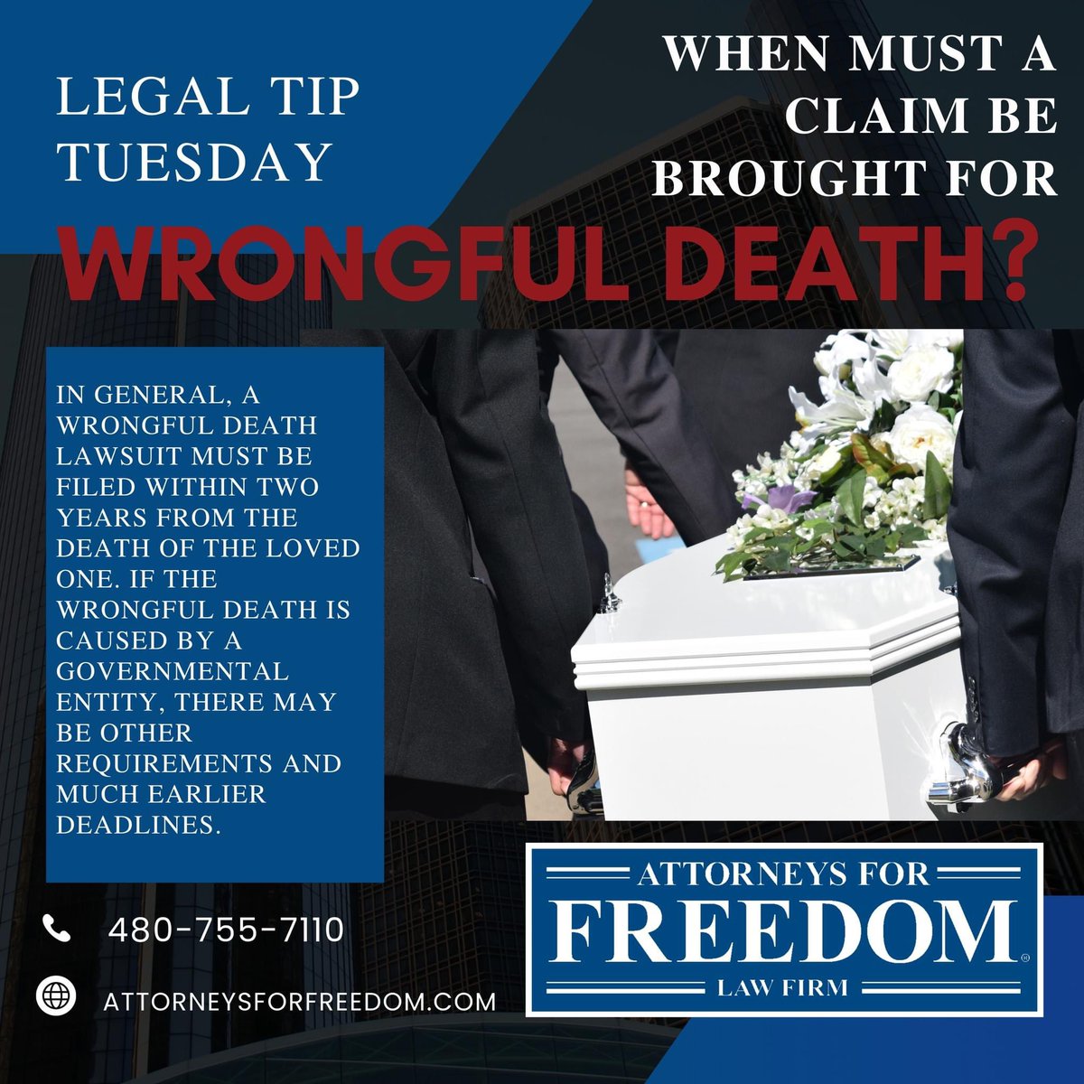 FreedomAttorney's tweet photo. Legal Tip Tuesday - When must a claim be brought for WRONGFUL DEATH?
#wrongfuldeath #azlawyer #azattorney #lawsuit #legaltip https://t.co/1NsBzP7iII