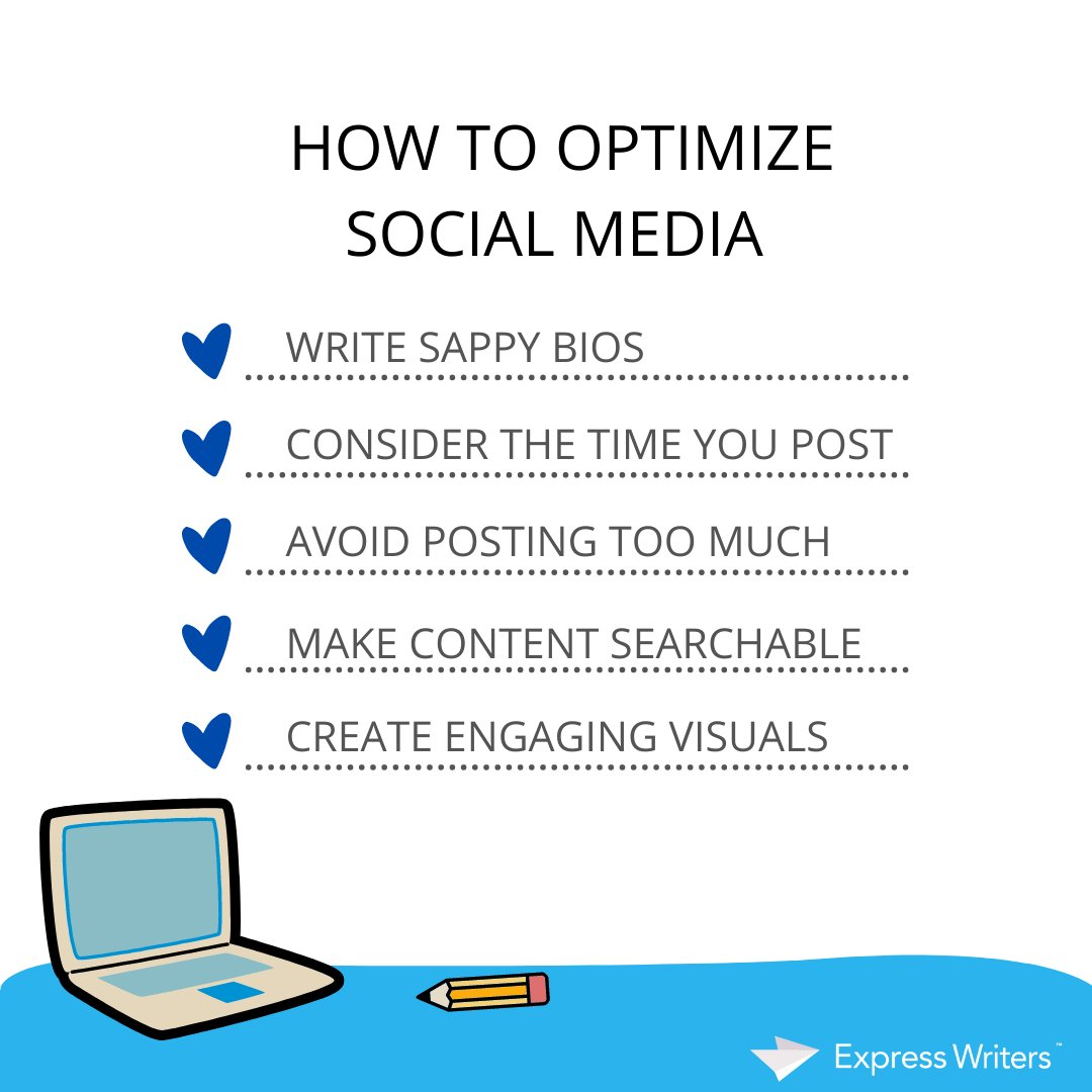 ExpWriters's tweet photo. Optimizing your social media can be a huge bonus to you. Here are some ways we find best to optimize your social media. If you need help, Express Writers now offers social media services!
.
.
.
.
#ContentMarketing #SocialMedia #OptimizeSocialMedia #ExpressWriters #ContentCreators https://t.co/6e1rh4l1tL