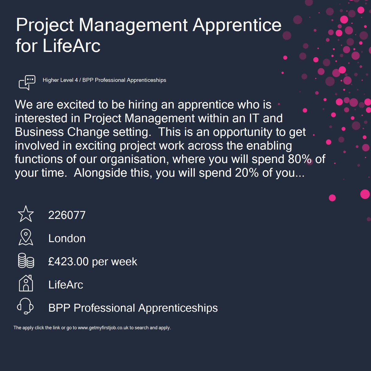 GetMyFirstJob's tweet photo. Apply with @BPPProfApps #BPPProfessionalApprenticeships #LifeArc for this #apprenticeship as a Project Management #apprentice for LifeArc in #London 👉 https://t.co/Mt5ZXqWO7b https://t.co/zcBP742xkJ