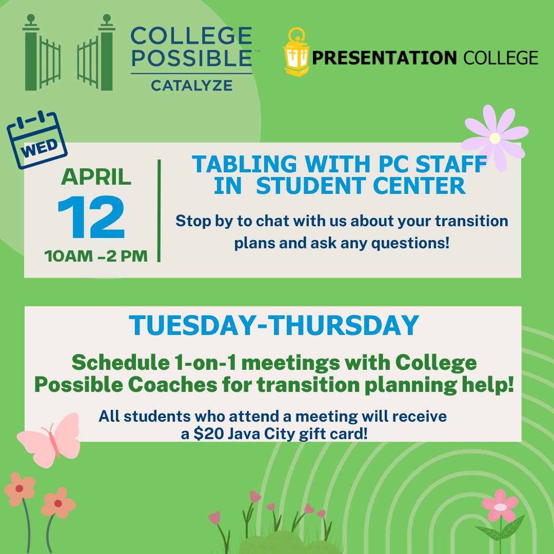 PC Students, College Possible will be back on campus this week to help with any college transition plans!