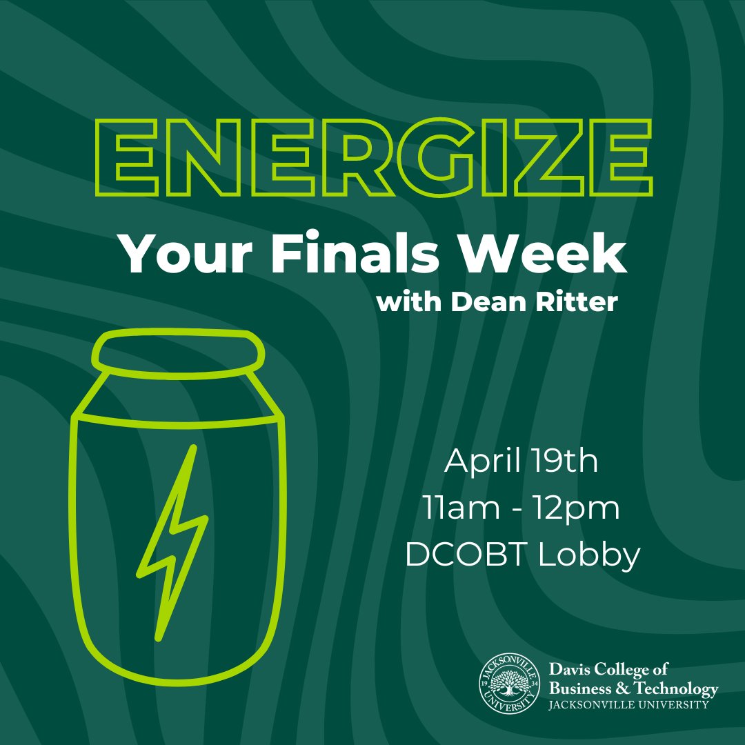 JU Davis College of Business & Technology (@jubusiness) on Twitter photo Come visit the DCOBT lobby next Wednesday, April 19th, and "Energize your finals week" with Dean Ritter.
Enjoy some energy bars, snacks & drinks and get some tips on how to have a successful end of the semester!
<a href="/jacksonvilleu/">Jacksonville University</a>
#JUBusinessandTechnology Come visit the DCOBT lobby next Wednesday, April 19th, and "Energize your finals week" with Dean Ritter.
Enjoy some energy bars, snacks & drinks and get some tips on how to have a successful end of the semester!
<a href="/jacksonvilleu/">Jacksonville University</a>
#JUBusinessandTechnology
