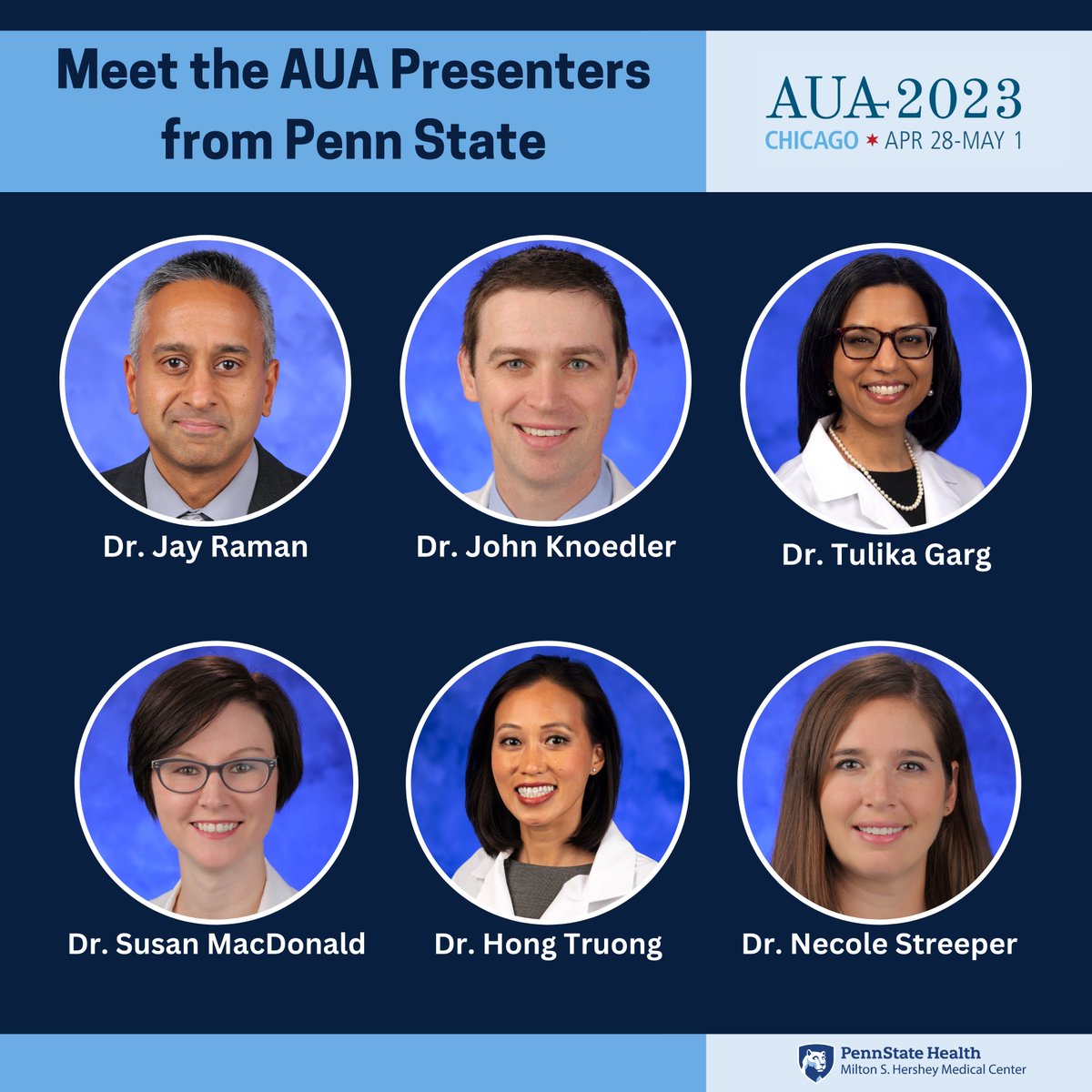 #AUA23 can't come fast enough! Check out who's presenting from <a href="/PennStHershey/">Penn State Health</a>! #urology #UroSoMe #Chicago <a href="/urojdr/">Jay Raman</a> <a href="/JohnKnoedler/">John Knoedler</a>  <a href="/Tullika_Garg/">Tullika Garg, MD, MPH</a> <a href="/smacdonald_md/">Susan MacDonald, MD</a> <a href="/HongTruongMD/">Hong Truong</a> <a href="/NStreeps/">Necole Streeper</a>