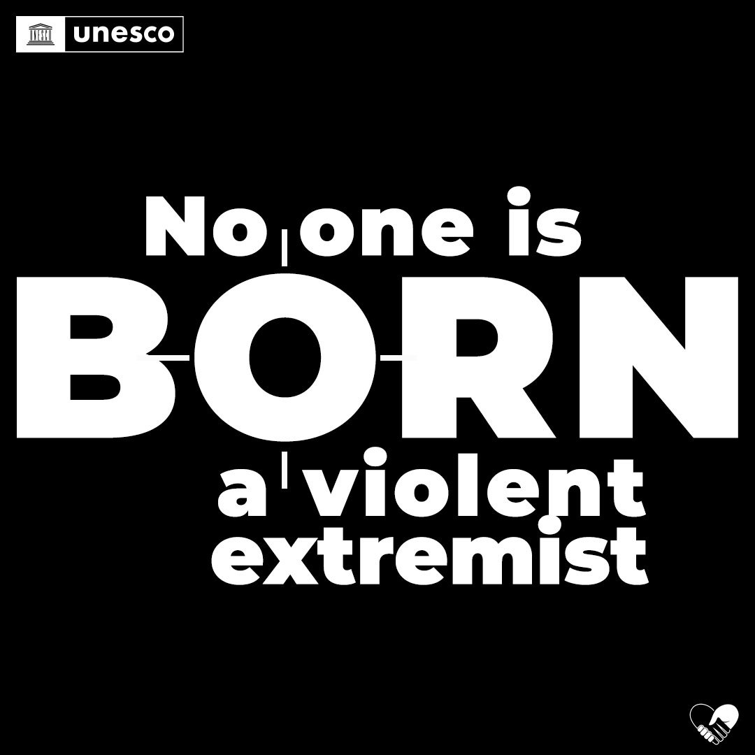 UNESCO's tweet photo. No one is born a violent extremist.

They are made and fueled.

Education is central in #PreventingViolentExtremism.

Learn more about @UNESCO’s prevention efforts: https://t.co/ceBB728UZe https://t.co/WOpAOXgUfy
