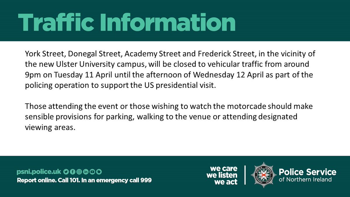 Police Service NI on Twitter "A number of roads in Belfast will be closed from 9pm on Tuesday