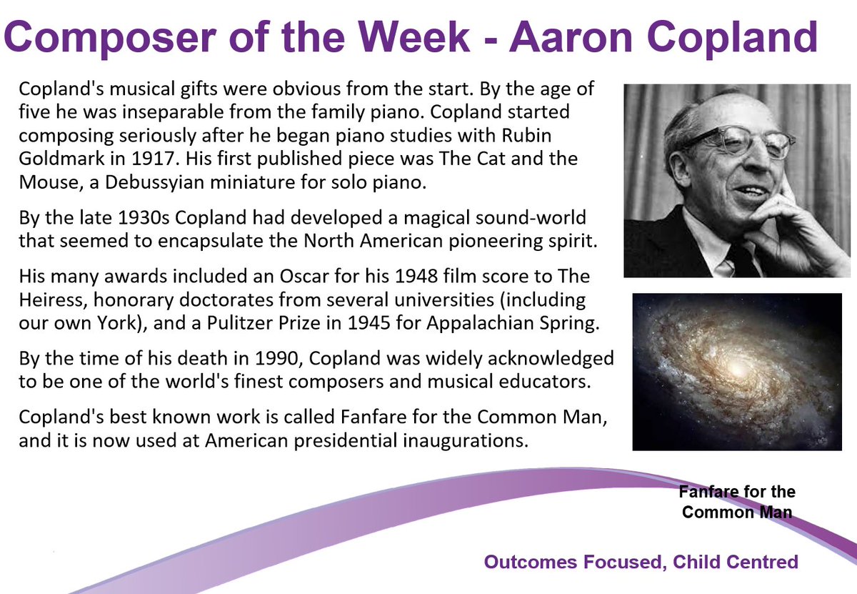 🎼 This week's composer of the week is Aaron Copland.  You can listen to one of his most famous compositions here: youtube.com/watch?v=ZdqjcM… 🎼

#composeroftheweek #culturalcapital #wearefreebrough