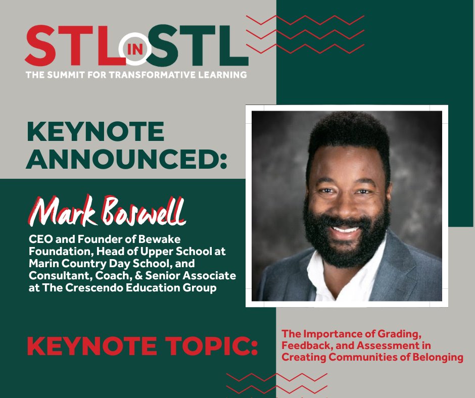 STLinSTL's tweet photo. We are thrilled to announce that the second keynote for the 2023 Summit for Transformative Learning in St. Louis is @MarkRBoswell. Mark will be presenting on the importance of grading, feedback, and assessment in creating communities of belonging. #STLinSTL https://t.co/zsUROPNifF