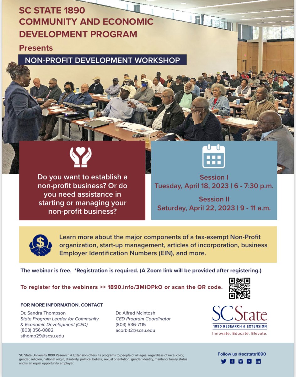 SCState1890's tweet photo. Do you want to establish a non-profit business? Or need assistance managing your non-profit ? #SCState1890 Extension's Community and Economic Development Program can assist!
 
To register click here: https://t.co/e8jwyqSrEG
See flyer for more. https://t.co/7oZX8sfCLx